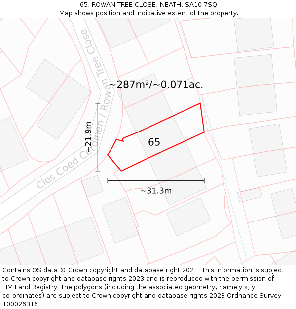 65, ROWAN TREE CLOSE, NEATH, SA10 7SQ: Plot and title map