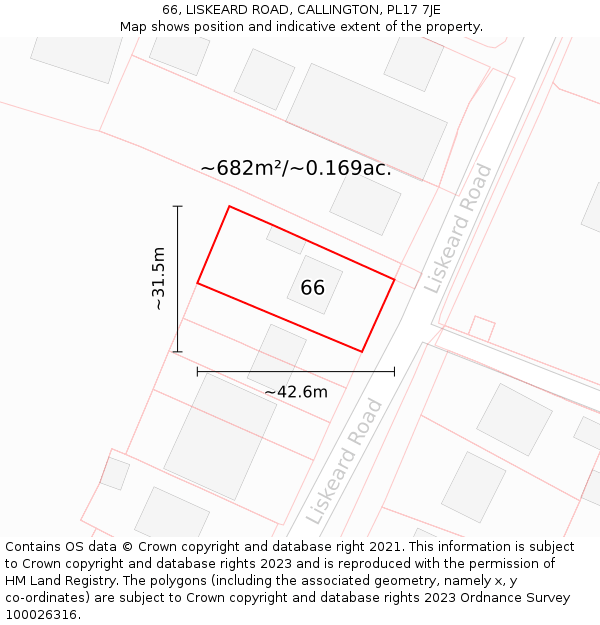 66, LISKEARD ROAD, CALLINGTON, PL17 7JE: Plot and title map
