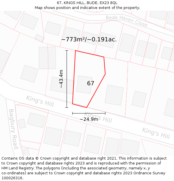 67, KINGS HILL, BUDE, EX23 8QL: Plot and title map