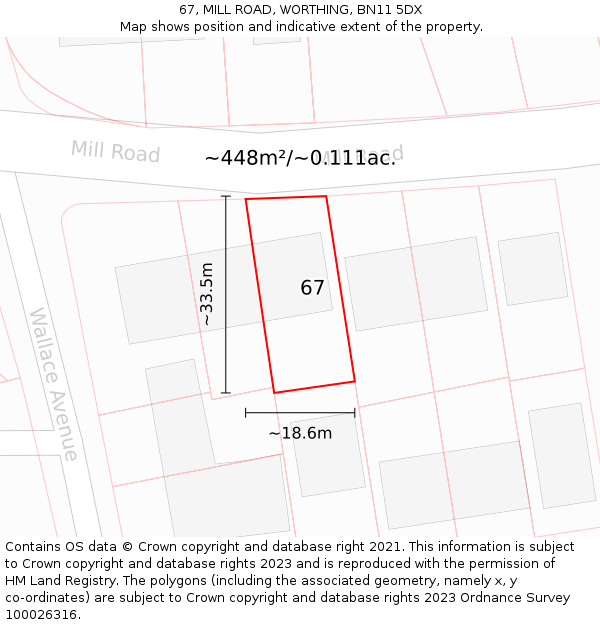 67, MILL ROAD, WORTHING, BN11 5DX: Plot and title map