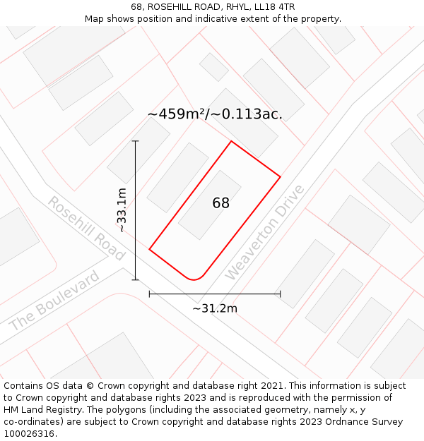 68, ROSEHILL ROAD, RHYL, LL18 4TR: Plot and title map