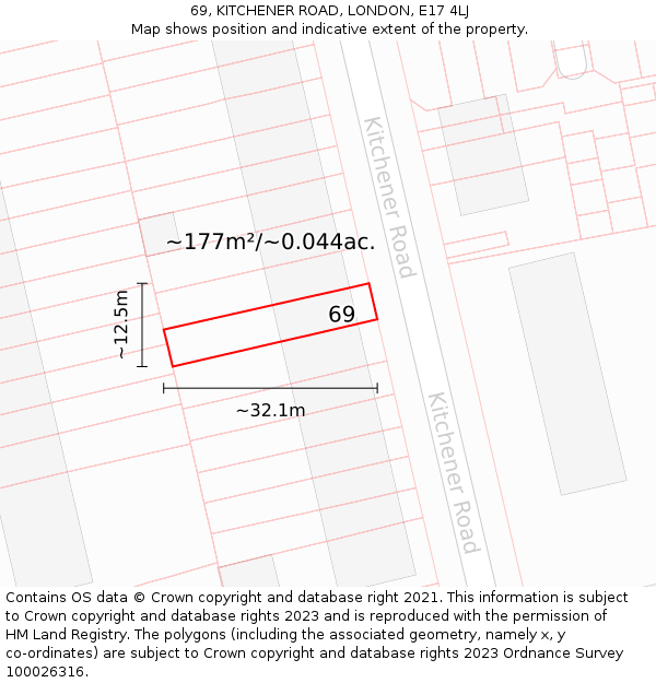 69, KITCHENER ROAD, LONDON, E17 4LJ: Plot and title map