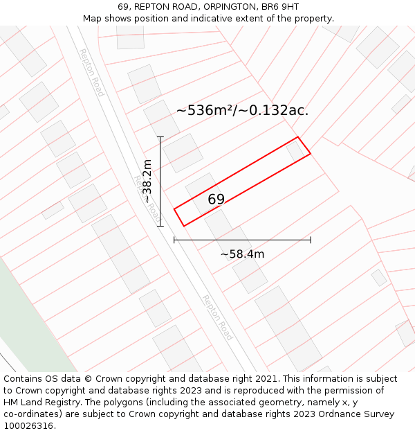 69, REPTON ROAD, ORPINGTON, BR6 9HT: Plot and title map
