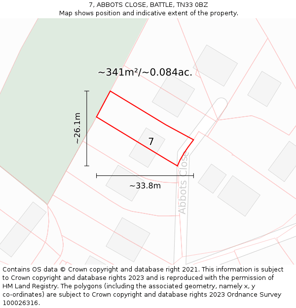 7, ABBOTS CLOSE, BATTLE, TN33 0BZ: Plot and title map