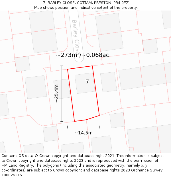 7, BARLEY CLOSE, COTTAM, PRESTON, PR4 0EZ: Plot and title map