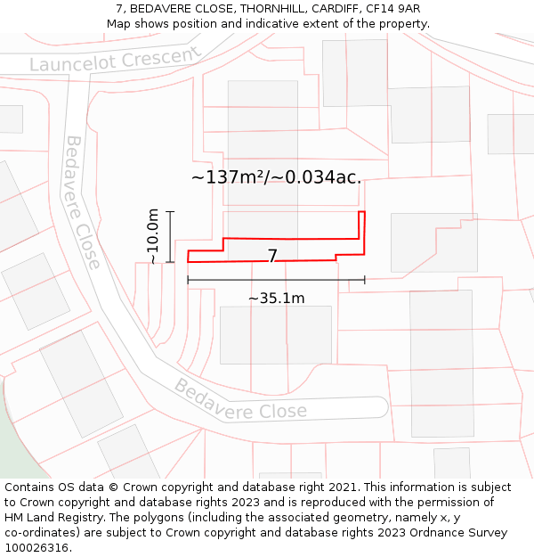 7, BEDAVERE CLOSE, THORNHILL, CARDIFF, CF14 9AR: Plot and title map
