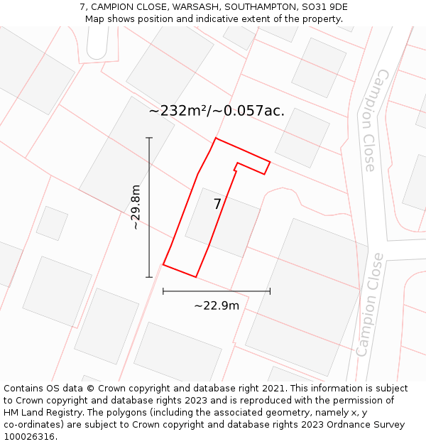 7, CAMPION CLOSE, WARSASH, SOUTHAMPTON, SO31 9DE: Plot and title map