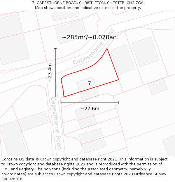 7, CAPESTHORNE ROAD, CHRISTLETON, CHESTER, CH3 7GA: Plot and title map