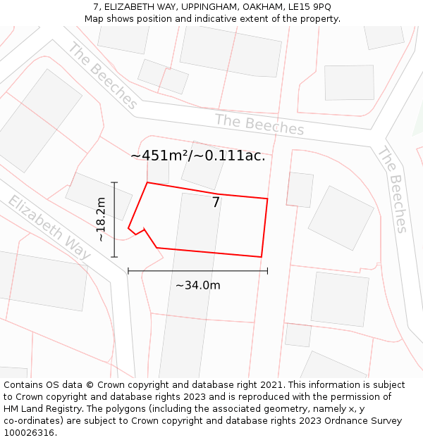 7, ELIZABETH WAY, UPPINGHAM, OAKHAM, LE15 9PQ: Plot and title map