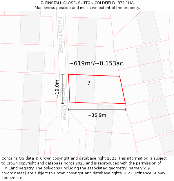 7, FINSTALL CLOSE, SUTTON COLDFIELD, B72 1HA: Plot and title map