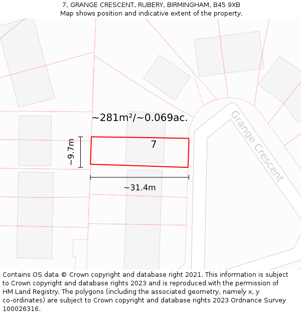 7, GRANGE CRESCENT, RUBERY, BIRMINGHAM, B45 9XB: Plot and title map