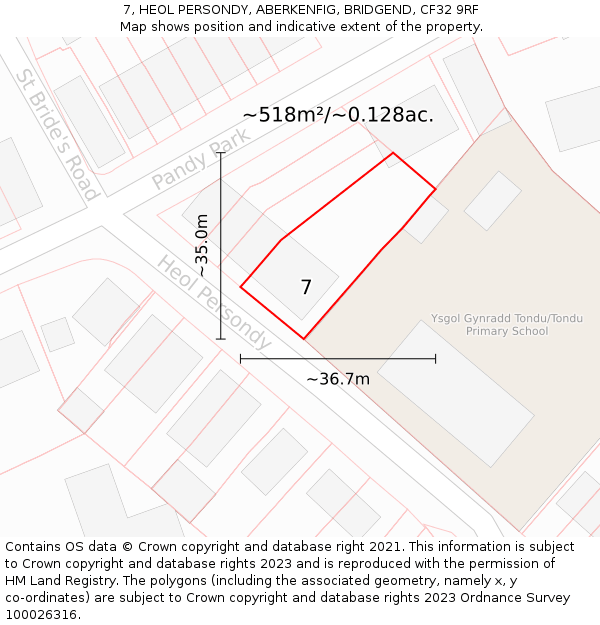 7, HEOL PERSONDY, ABERKENFIG, BRIDGEND, CF32 9RF: Plot and title map