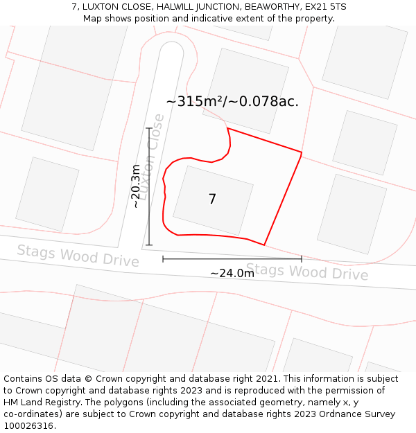 7, LUXTON CLOSE, HALWILL JUNCTION, BEAWORTHY, EX21 5TS: Plot and title map