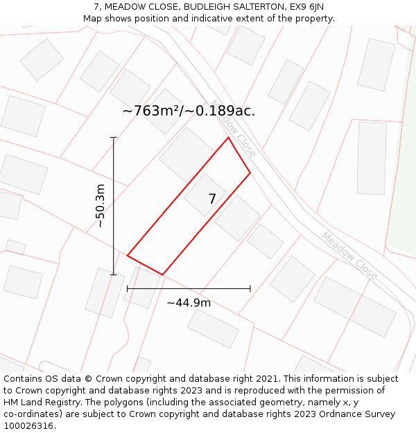 7, MEADOW CLOSE, BUDLEIGH SALTERTON, EX9 6JN: Plot and title map
