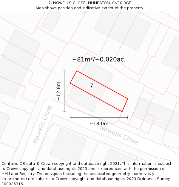 7, NOWELLS CLOSE, NUNEATON, CV10 9GE: Plot and title map