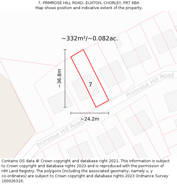 7, PRIMROSE HILL ROAD, EUXTON, CHORLEY, PR7 6BA: Plot and title map