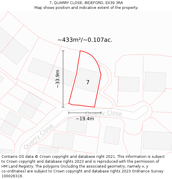 7, QUARRY CLOSE, BIDEFORD, EX39 3RA: Plot and title map