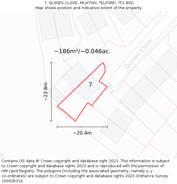 7, QUINES CLOSE, MUXTON, TELFORD, TF2 8SD: Plot and title map