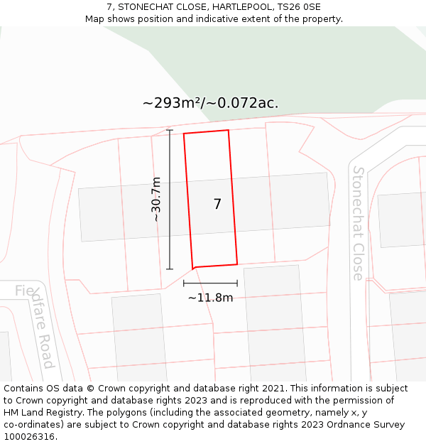 7, STONECHAT CLOSE, HARTLEPOOL, TS26 0SE: Plot and title map