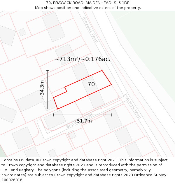 70, BRAYWICK ROAD, MAIDENHEAD, SL6 1DE: Plot and title map