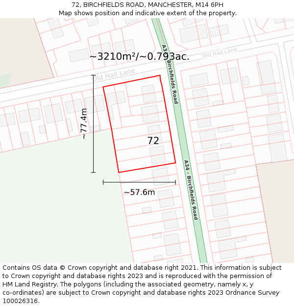 72, BIRCHFIELDS ROAD, MANCHESTER, M14 6PH: Plot and title map