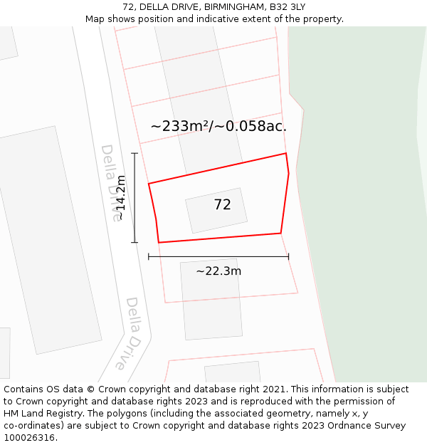 72, DELLA DRIVE, BIRMINGHAM, B32 3LY: Plot and title map