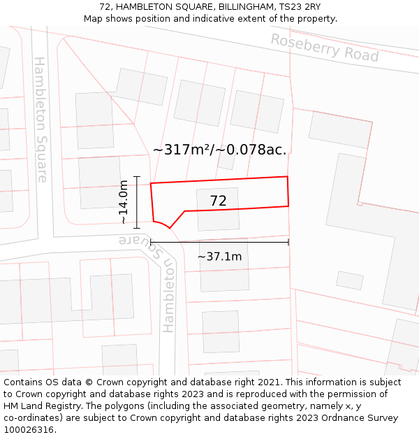 72, HAMBLETON SQUARE, BILLINGHAM, TS23 2RY: Plot and title map