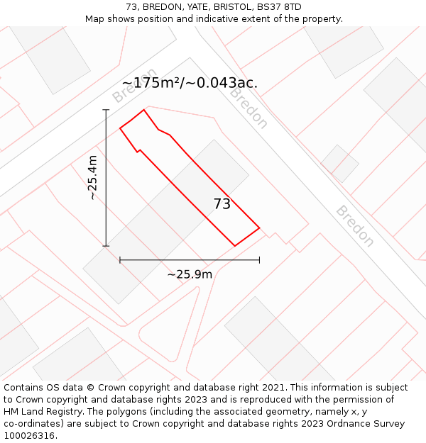 73, BREDON, YATE, BRISTOL, BS37 8TD: Plot and title map