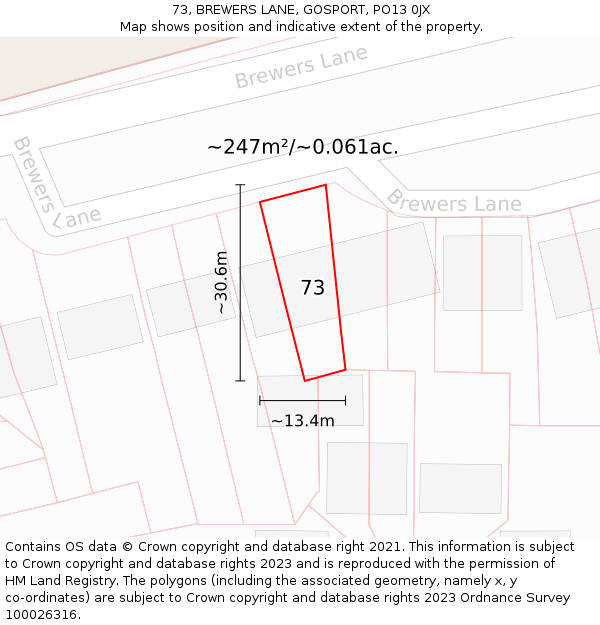 73, BREWERS LANE, GOSPORT, PO13 0JX: Plot and title map