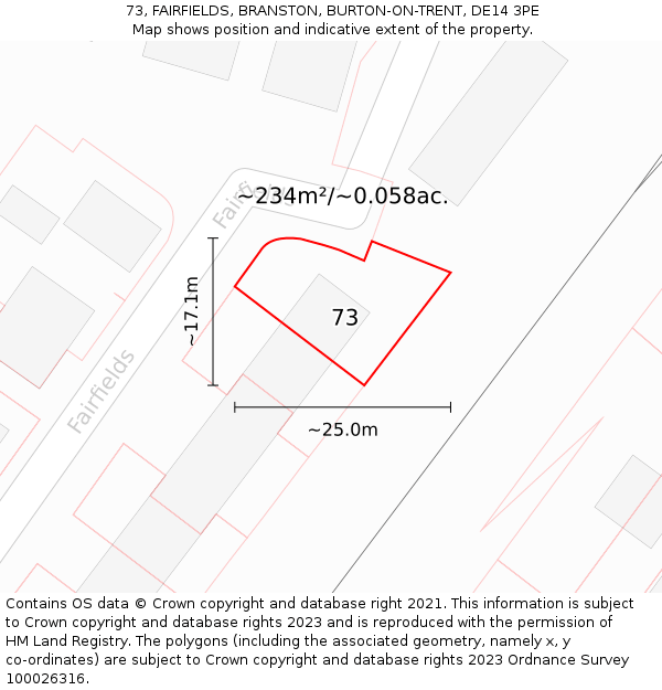 73, FAIRFIELDS, BRANSTON, BURTON-ON-TRENT, DE14 3PE: Plot and title map