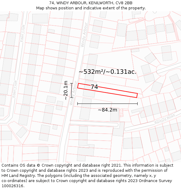 74, WINDY ARBOUR, KENILWORTH, CV8 2BB: Plot and title map