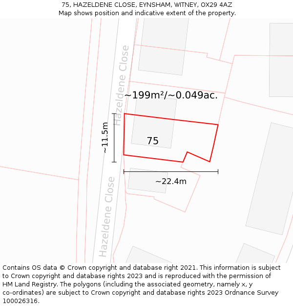 75, HAZELDENE CLOSE, EYNSHAM, WITNEY, OX29 4AZ: Plot and title map