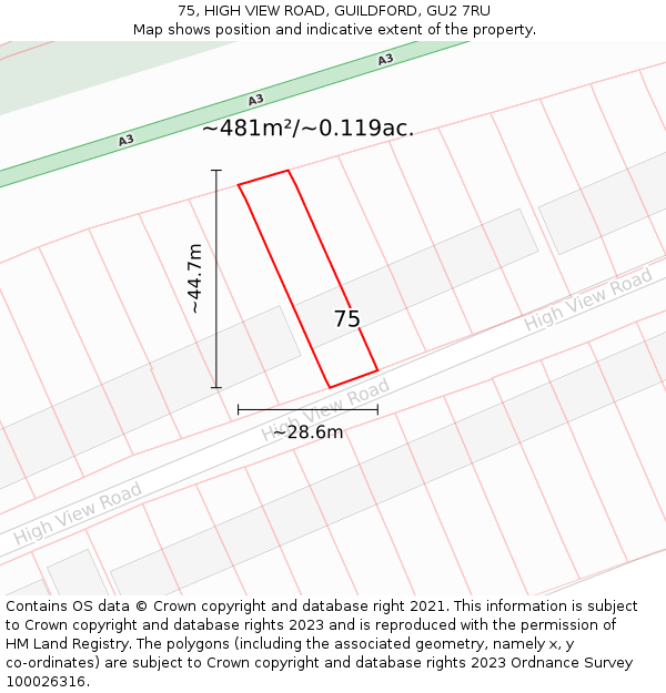 75, HIGH VIEW ROAD, GUILDFORD, GU2 7RU: Plot and title map