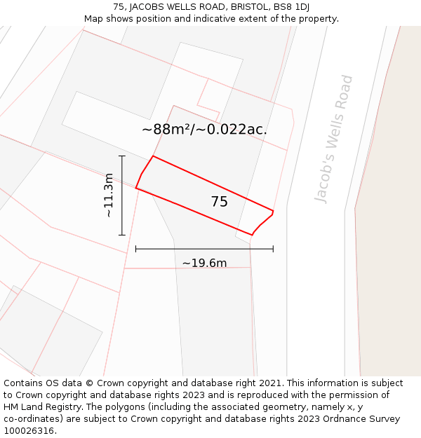 75, JACOBS WELLS ROAD, BRISTOL, BS8 1DJ: Plot and title map