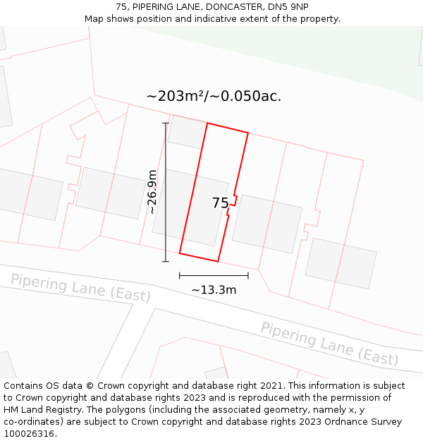 75, PIPERING LANE, DONCASTER, DN5 9NP: Plot and title map