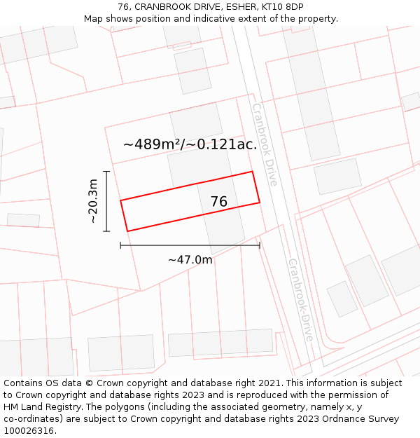 76, CRANBROOK DRIVE, ESHER, KT10 8DP: Plot and title map
