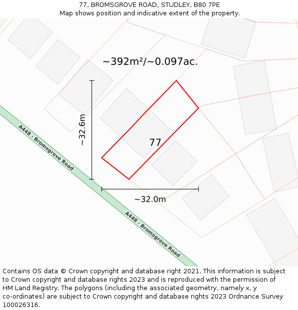77, BROMSGROVE ROAD, STUDLEY, B80 7PE: Plot and title map
