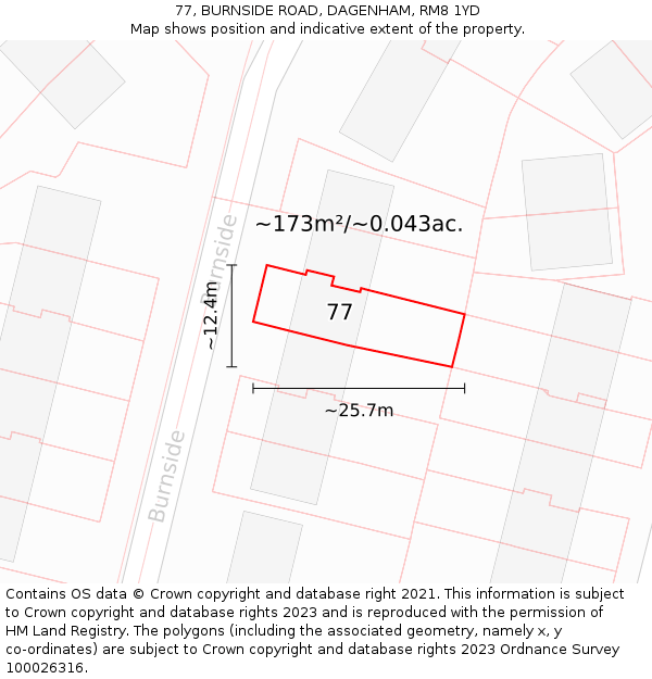 77, BURNSIDE ROAD, DAGENHAM, RM8 1YD: Plot and title map
