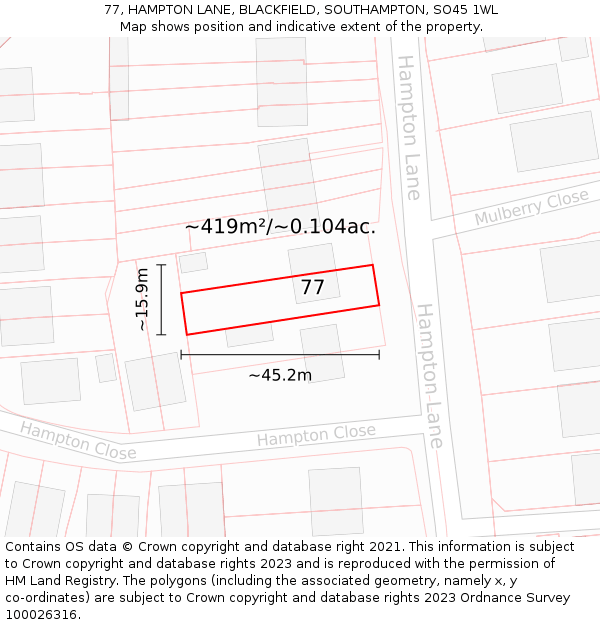 77, HAMPTON LANE, BLACKFIELD, SOUTHAMPTON, SO45 1WL: Plot and title map