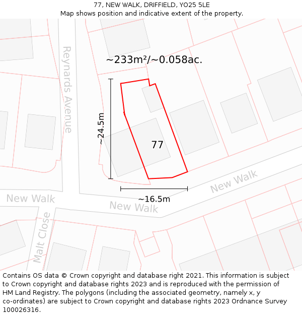 77, NEW WALK, DRIFFIELD, YO25 5LE: Plot and title map