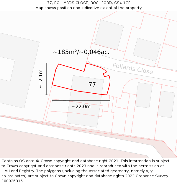 77, POLLARDS CLOSE, ROCHFORD, SS4 1GF: Plot and title map