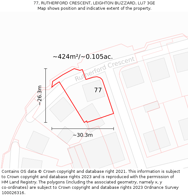 77, RUTHERFORD CRESCENT, LEIGHTON BUZZARD, LU7 3GE: Plot and title map
