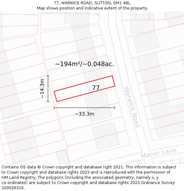 77, WARWICK ROAD, SUTTON, SM1 4BL: Plot and title map