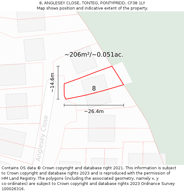 8, ANGLESEY CLOSE, TONTEG, PONTYPRIDD, CF38 1LY: Plot and title map