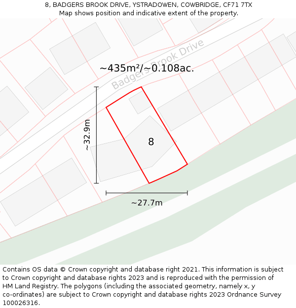 8, BADGERS BROOK DRIVE, YSTRADOWEN, COWBRIDGE, CF71 7TX: Plot and title map