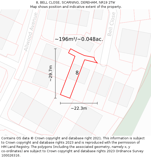 8, BELL CLOSE, SCARNING, DEREHAM, NR19 2TW: Plot and title map