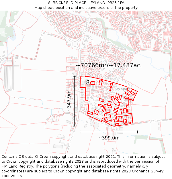 8, BRICKFIELD PLACE, LEYLAND, PR25 1FA: Plot and title map