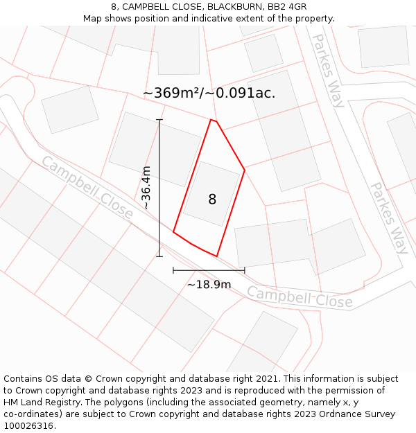 8, CAMPBELL CLOSE, BLACKBURN, BB2 4GR: Plot and title map