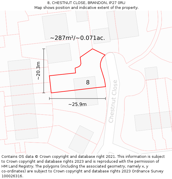 8, CHESTNUT CLOSE, BRANDON, IP27 0RU: Plot and title map