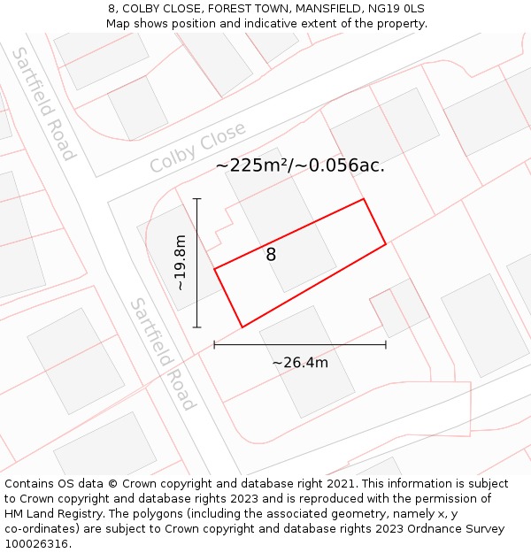 8, COLBY CLOSE, FOREST TOWN, MANSFIELD, NG19 0LS: Plot and title map